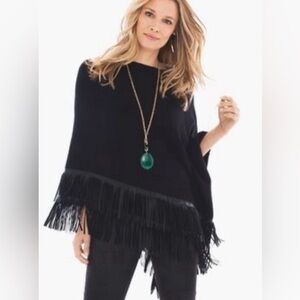 Chico’s poncho cape black faux leather fringe trim one size
